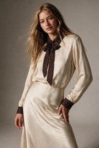 Cream Polka-Dot Print Long Sleeve Blouse with burgundy Contrast Bow Tie