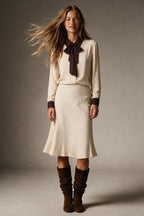 Cream Polka-Dot Print Long Sleeve Blouse with burgundy Contrast Bow Tie