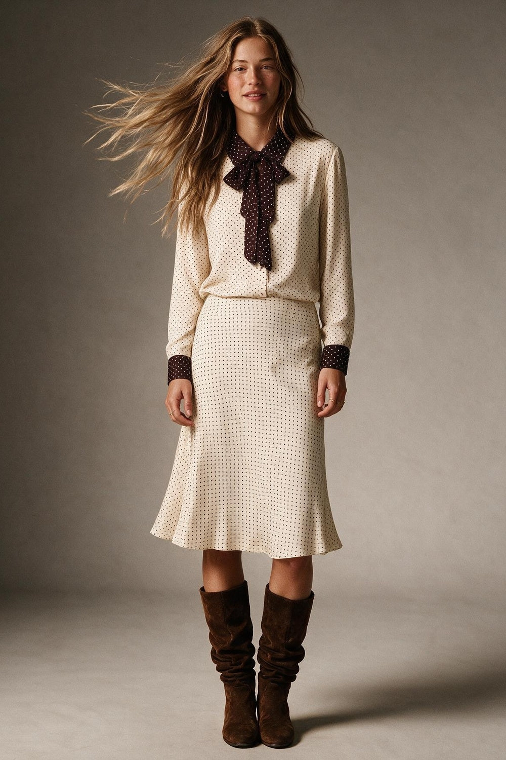 Cream Polka-Dot Print Long Sleeve Blouse with burgundy Contrast Bow Tie