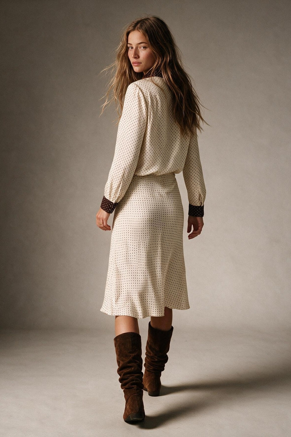 Cream Polka-Dot Print Long Sleeve Blouse with burgundy Contrast Bow Tie