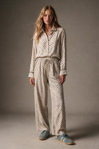Cream horse Print Quilted Drawstring Wide Leg Pants