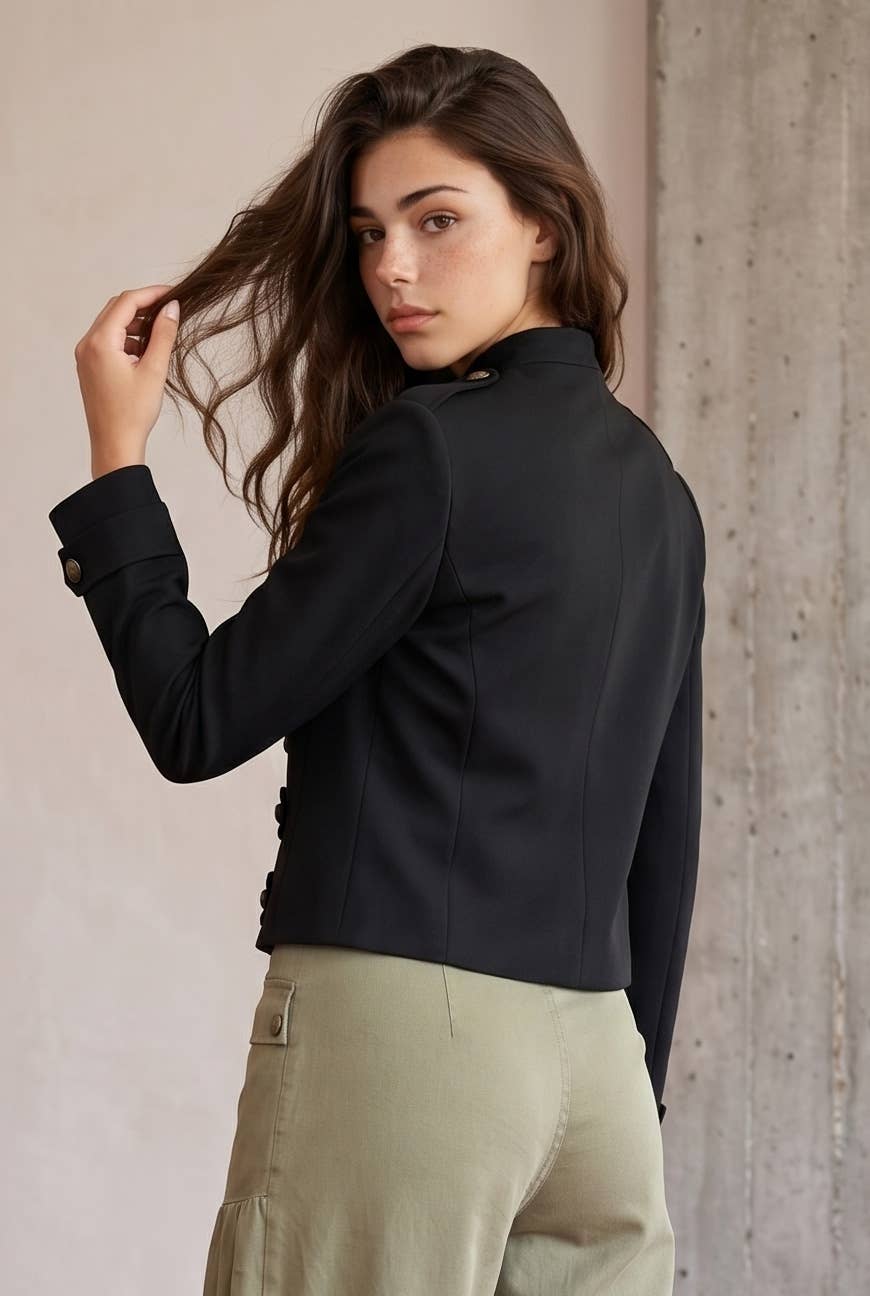 Cropped Military-Style Jacket with Frogging Detail