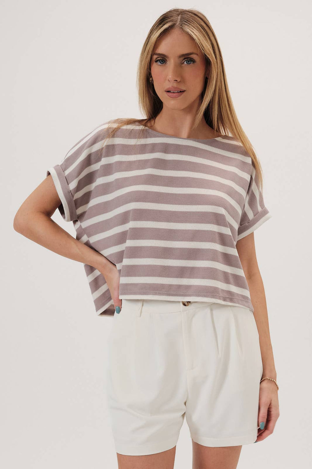 ROUND NECK CUFFED SHORT SLEEVE STRIPE TOP