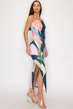 Floral print strapless dress