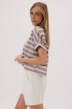 ROUND NECK CUFFED SHORT SLEEVE STRIPE TOP