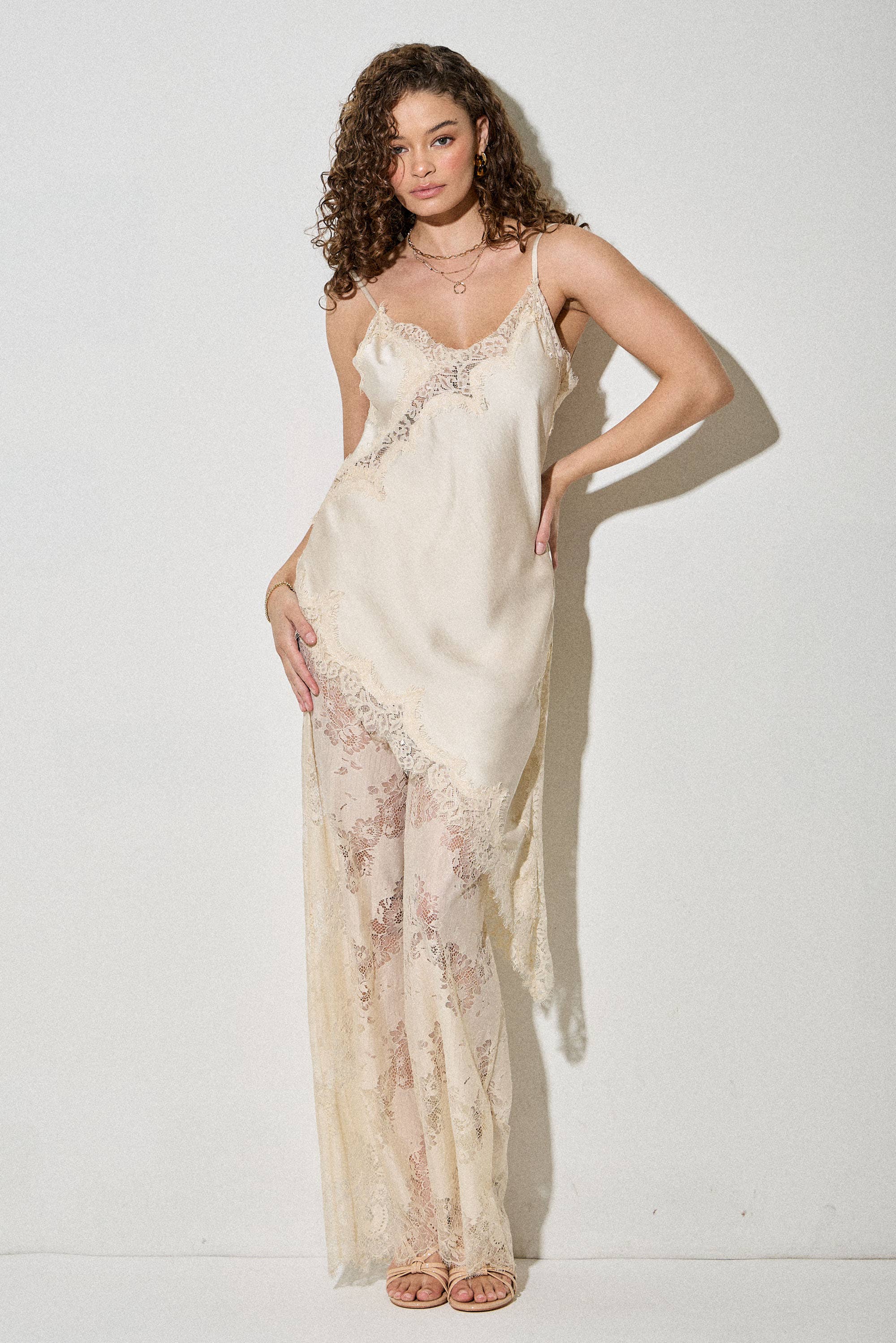 Satin Lace Trim Cami and Pants Set