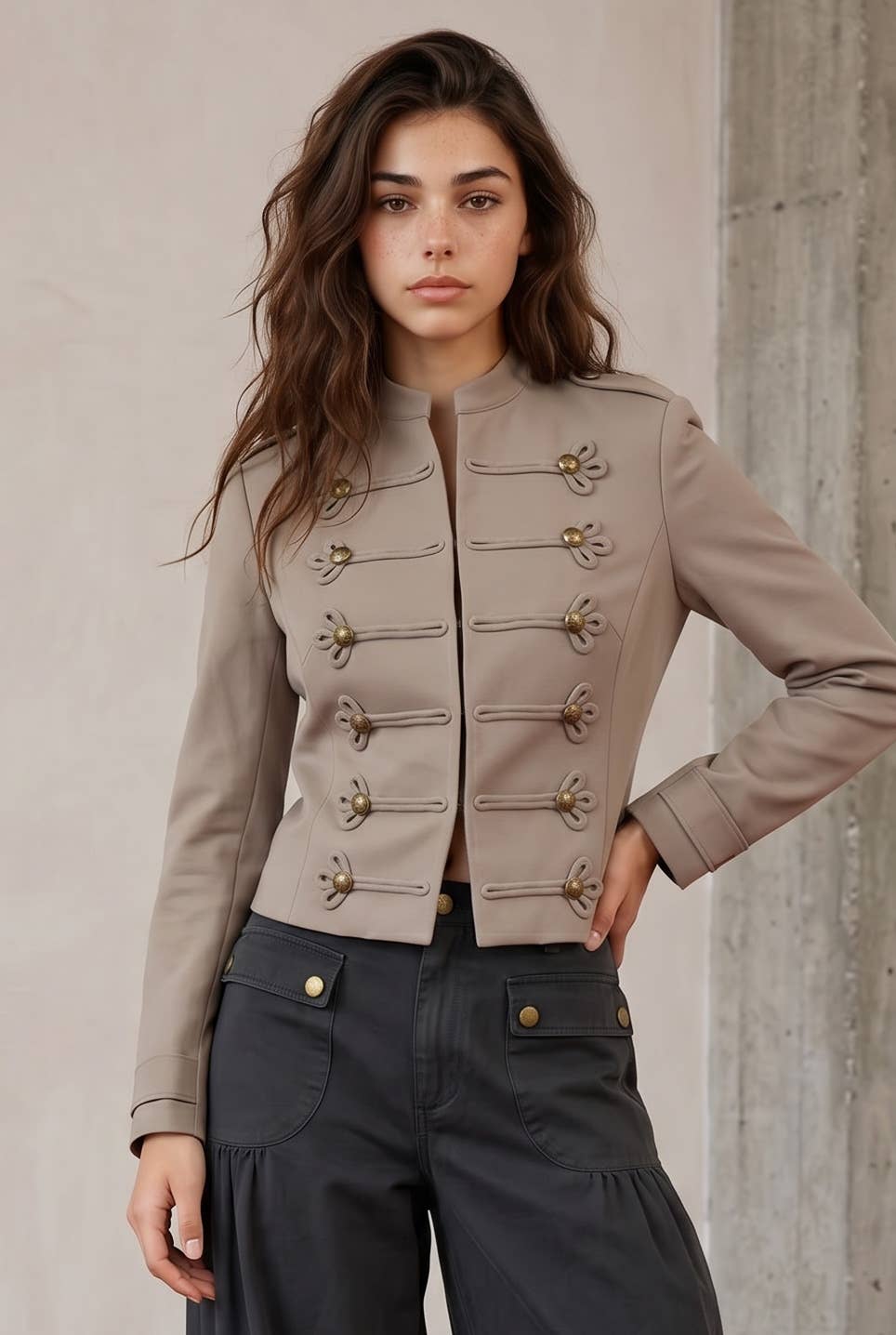 Cropped Military-Style Jacket with Frogging Detail