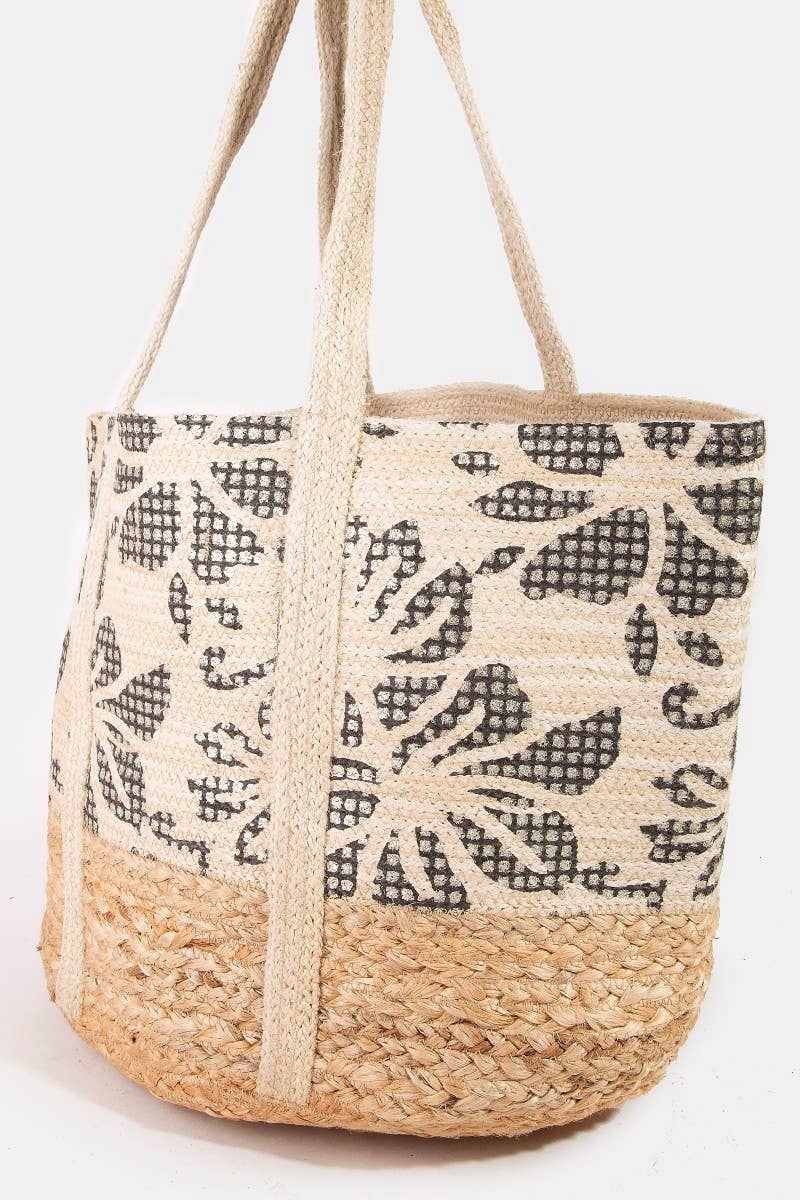 Leaf Pattern Jute Tote Bag