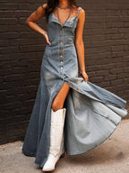 Button-Front Denim Maxi Dress