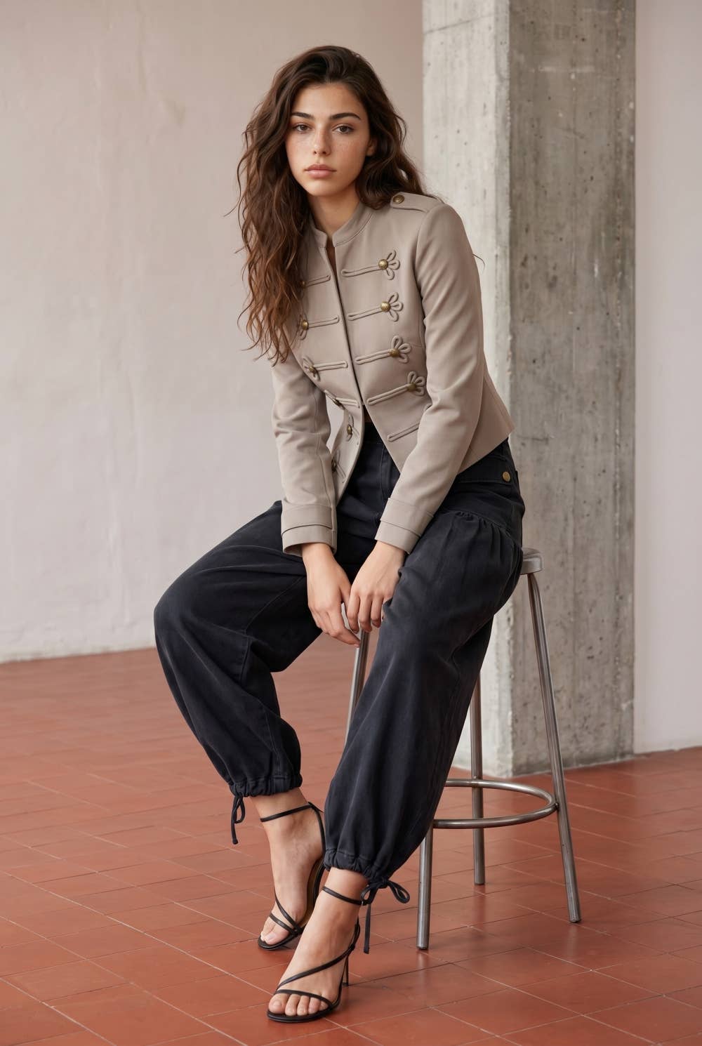 Cropped Military-Style Jacket with Frogging Detail