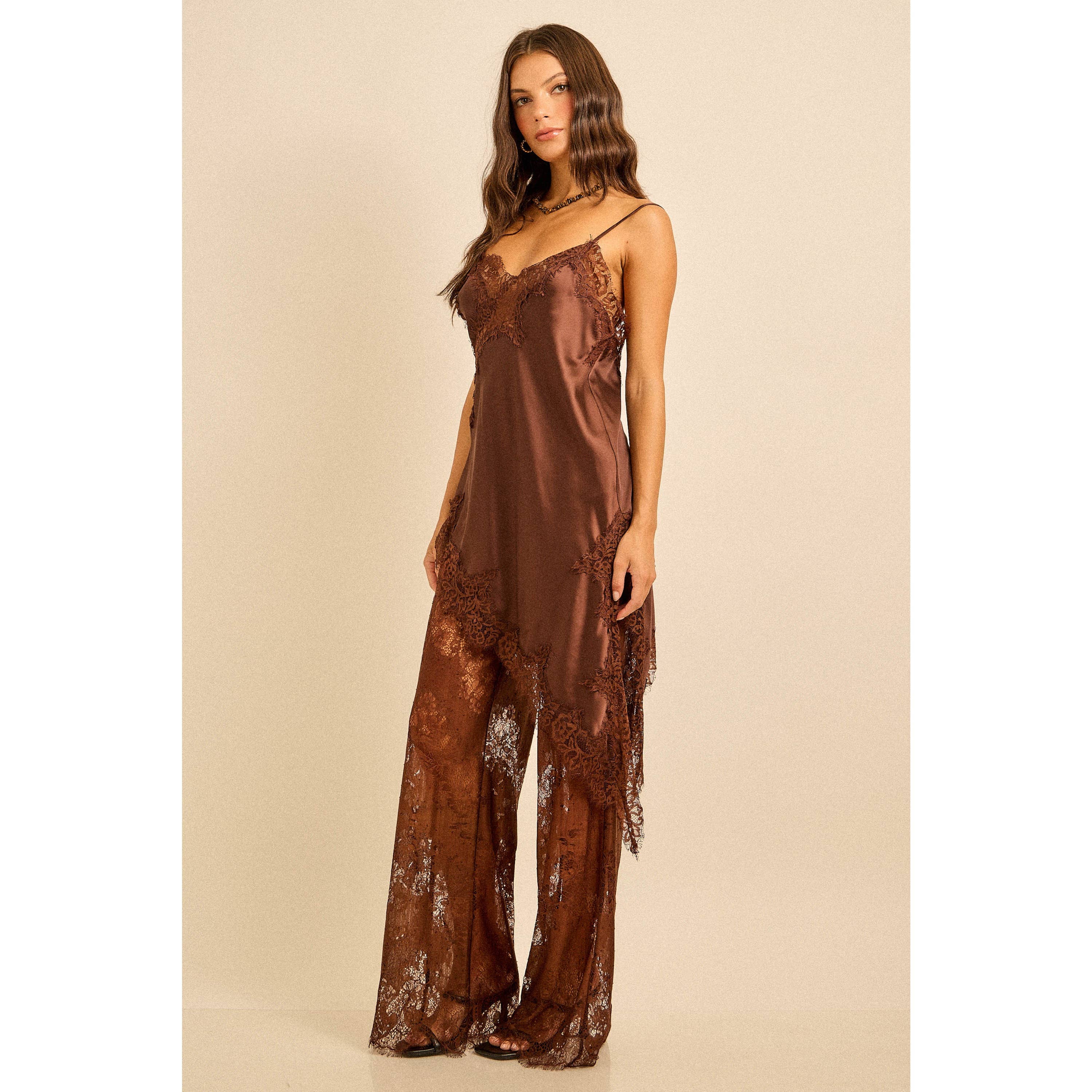 Satin Lace Trim Cami and Pants Set