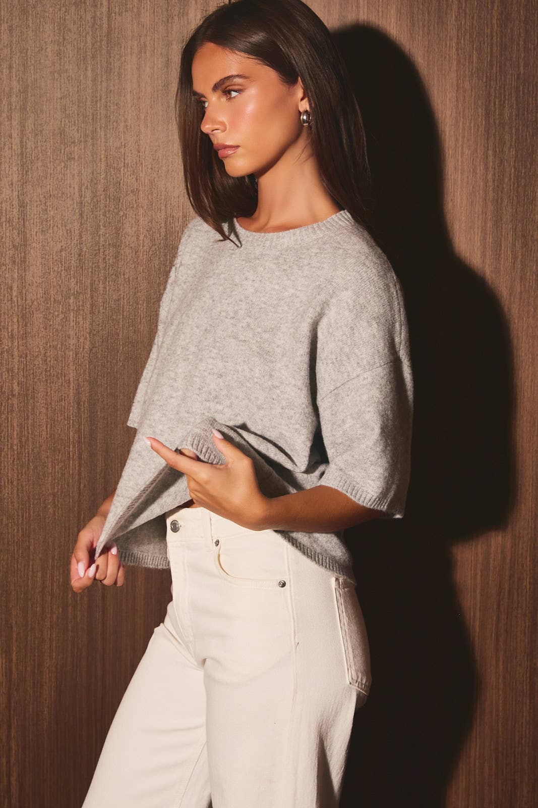 SHORT SLEEVE CREW NECK LIGHT WEIGHT SWEATER TOP