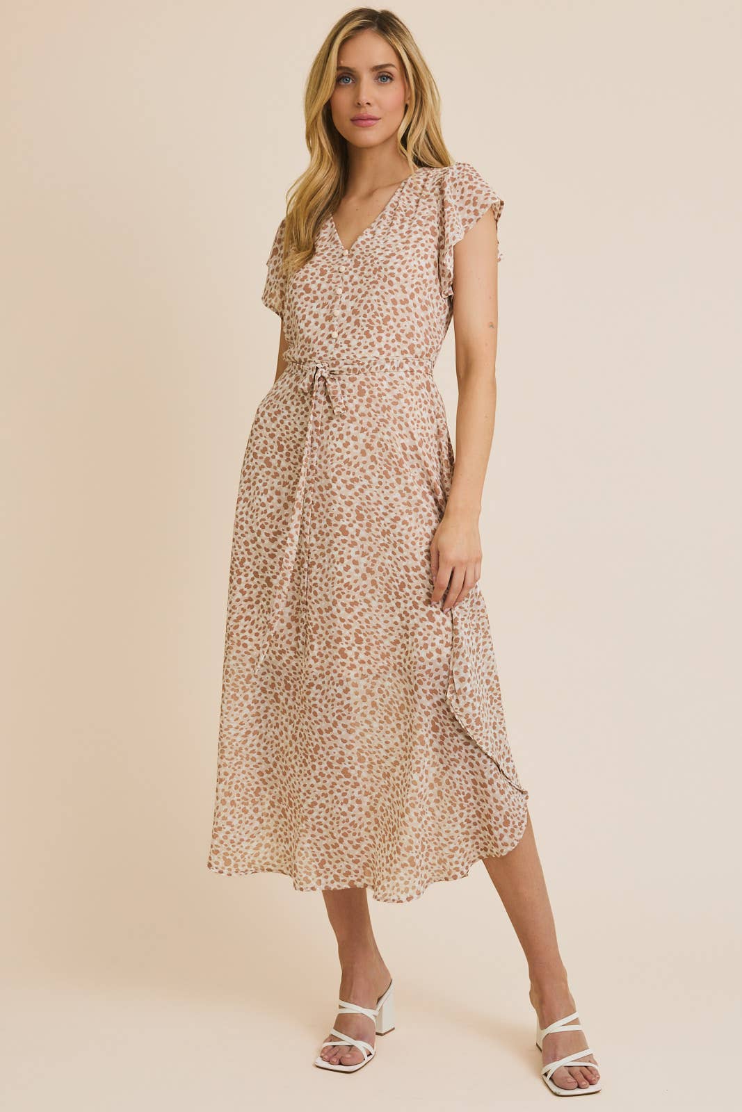 BUTTON UP RUFFLE SHORT SLEEVE WAIST TIE ABSTRACT PRINT DRESS