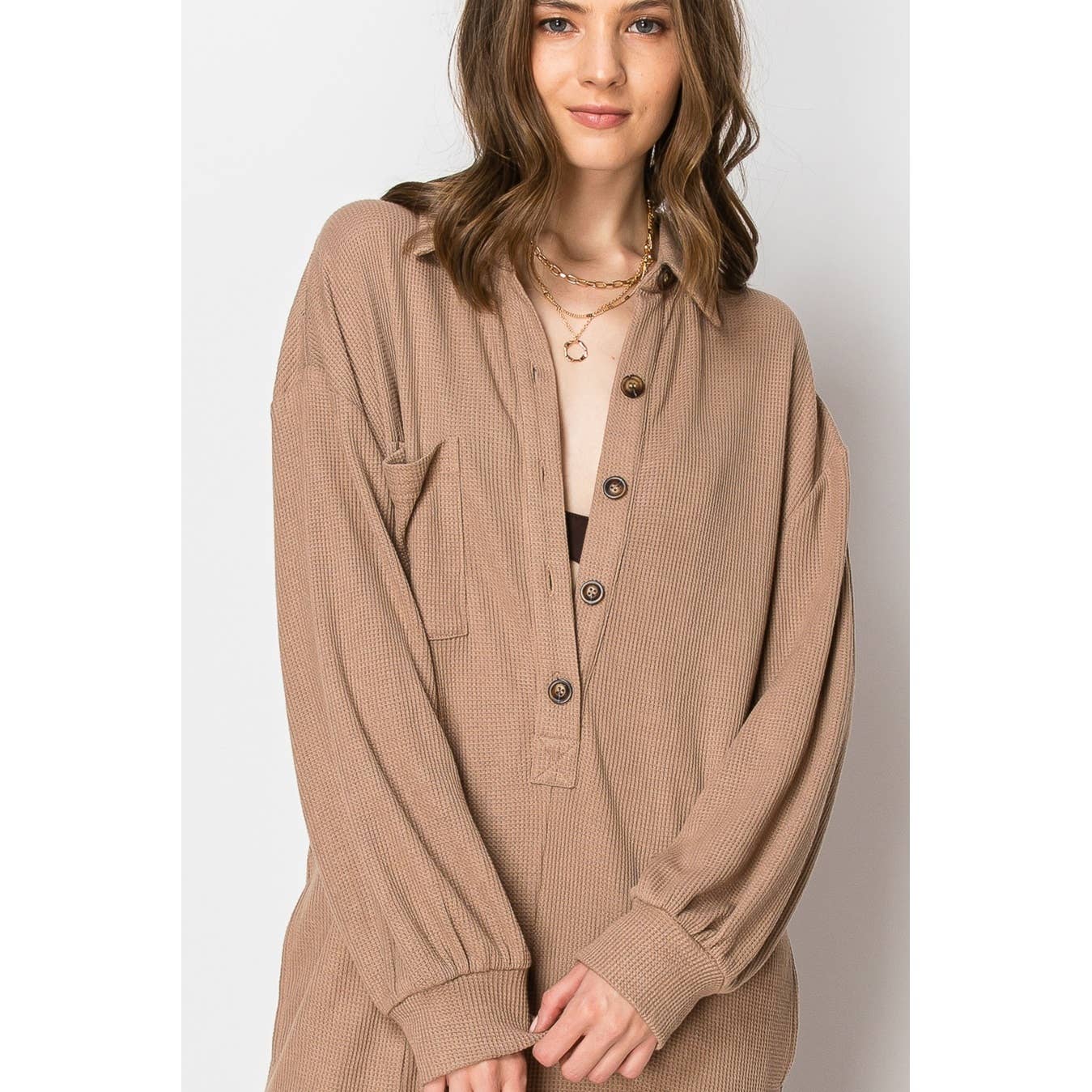 Long Sleeve Waffle Knit Button Down  JUMPSUIT