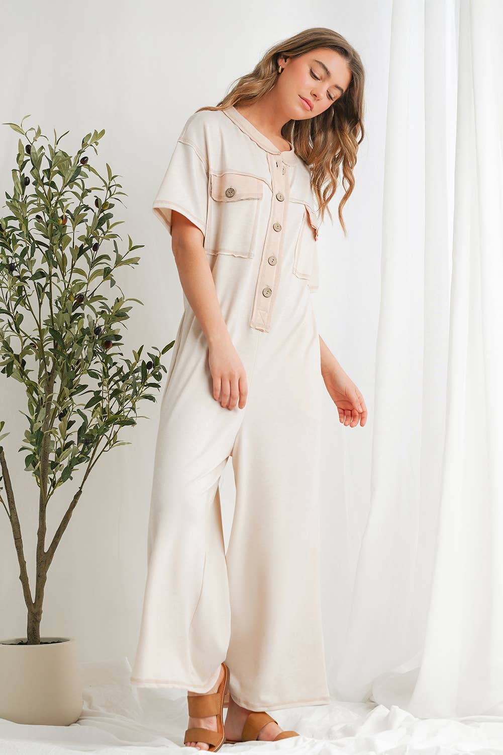 Casual Buttoned Front Pockets Wide Leg Jumpsuit | S-XL