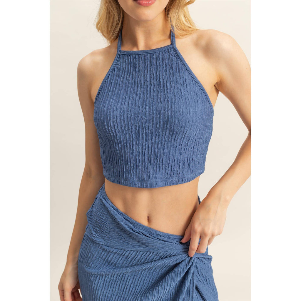 HF25A412-SET-Knit Halter Top And Knotted Skirt Set