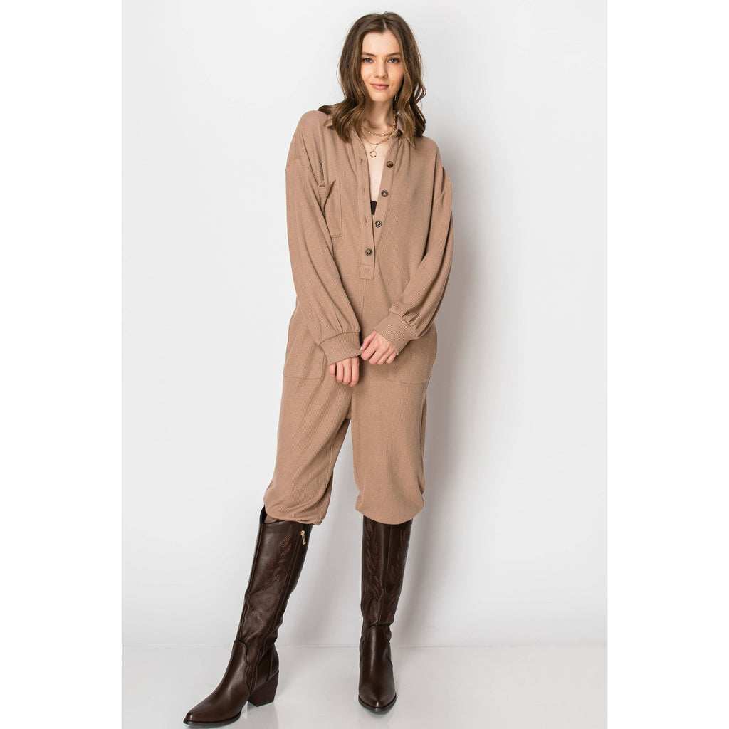 Long Sleeve Waffle Knit Button Down  JUMPSUIT