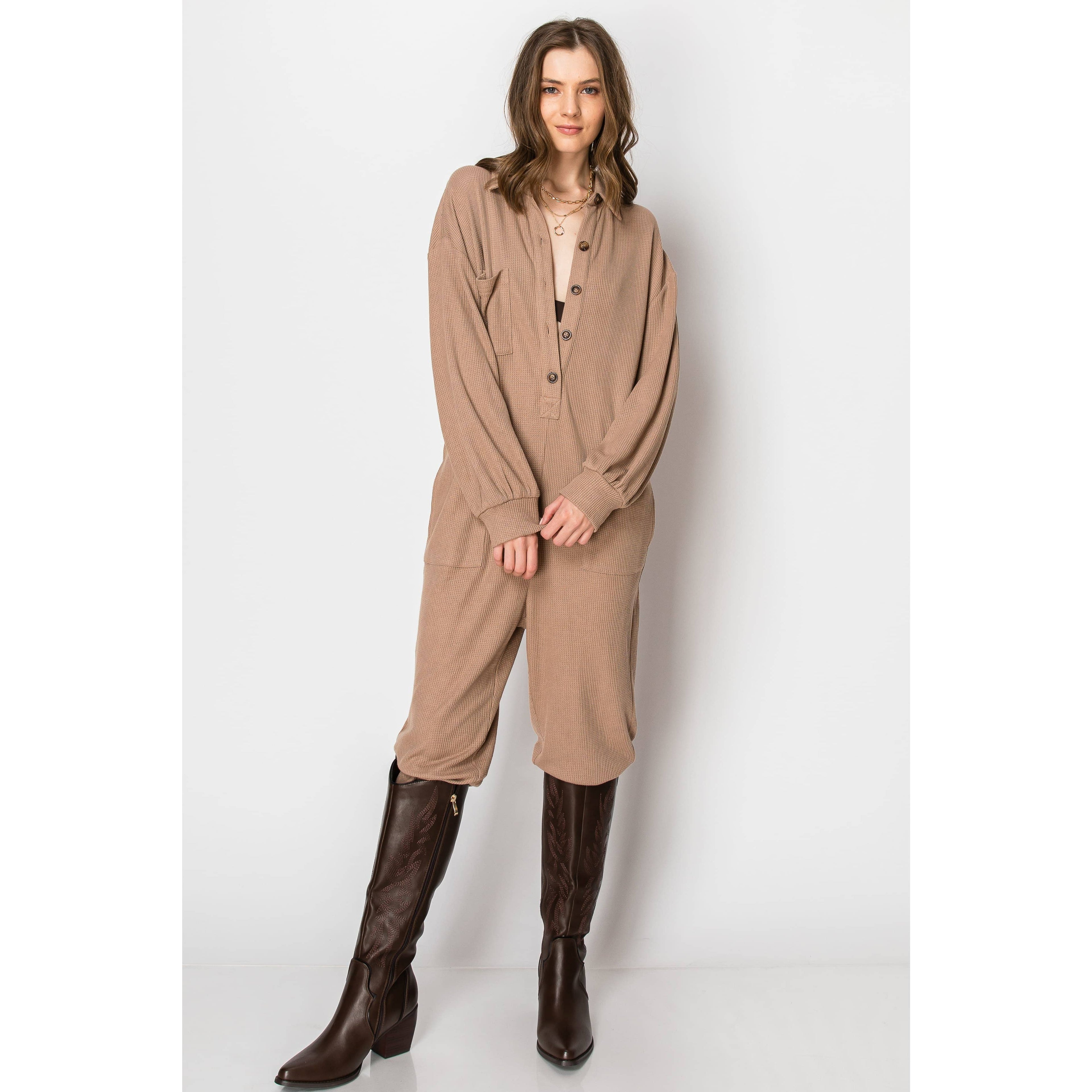 Long Sleeve Waffle Knit Button Down  JUMPSUIT