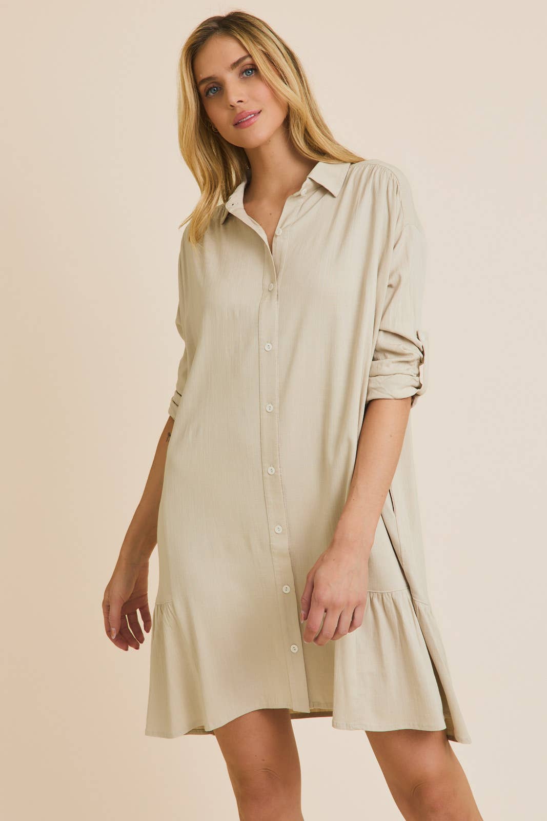 COLLAR BUTTON UP ROLL UP SLEEVE DRESS