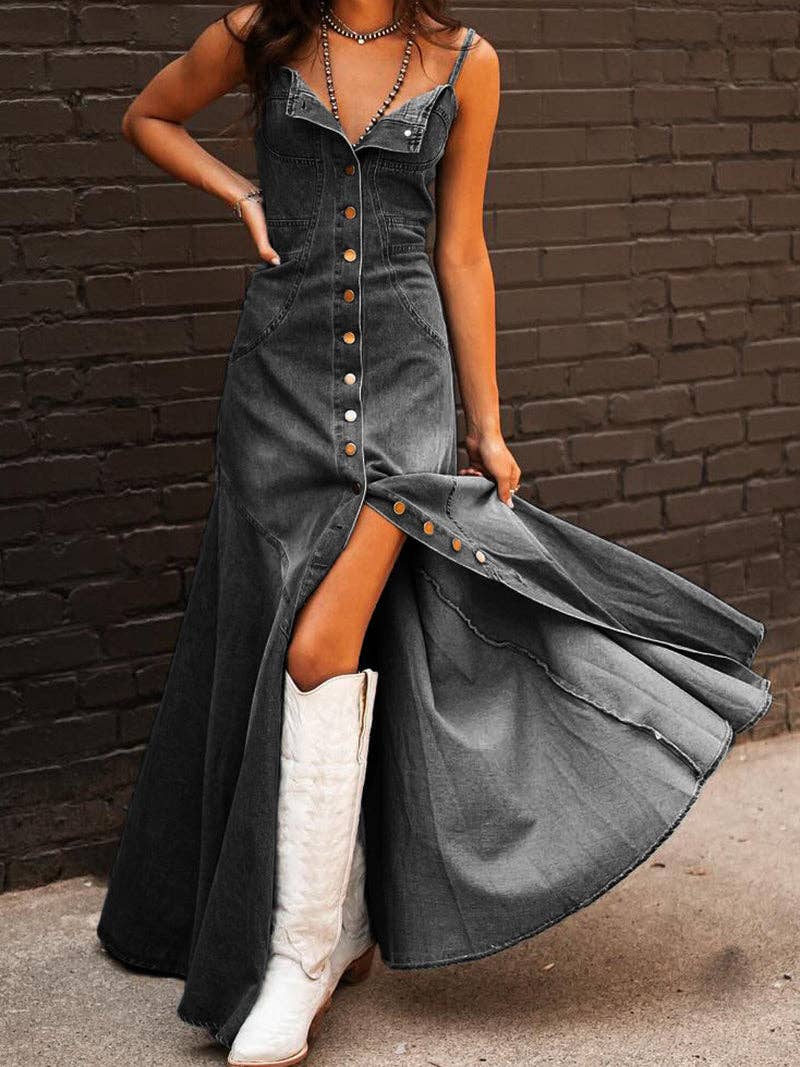 Button-Front Denim Maxi Dress
