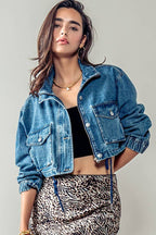 Utility Cropped Drawstring Denim Jacket
