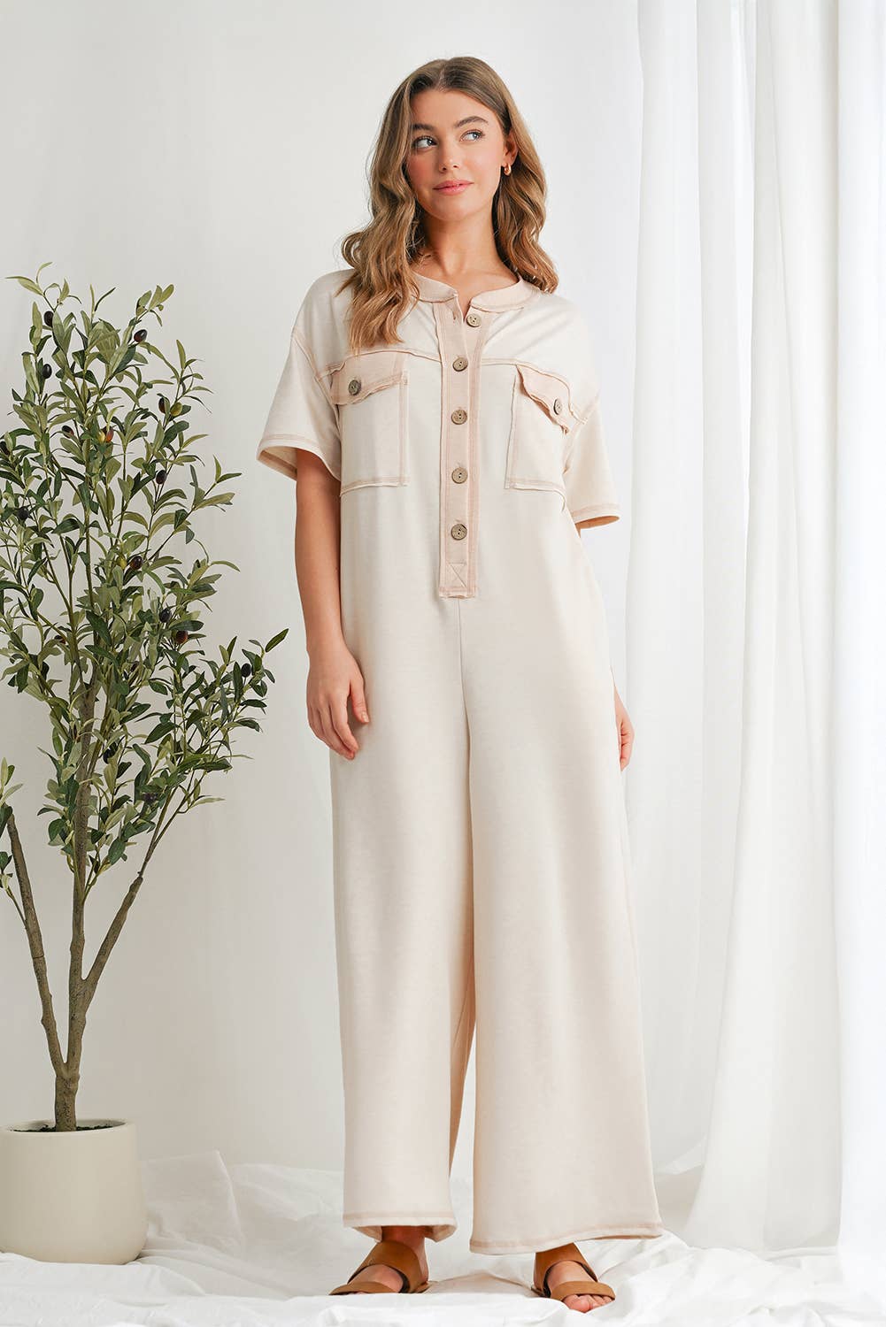 Casual Buttoned Front Pockets Wide Leg Jumpsuit | S-XL