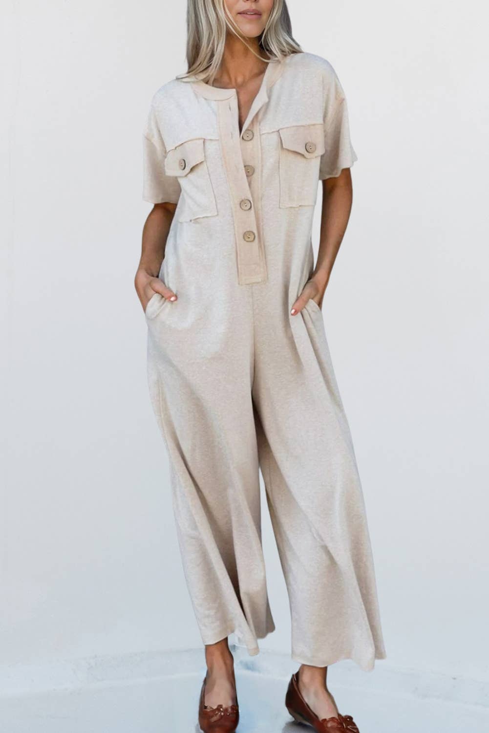 Casual Buttoned Front Pockets Wide Leg Jumpsuit | S-XL
