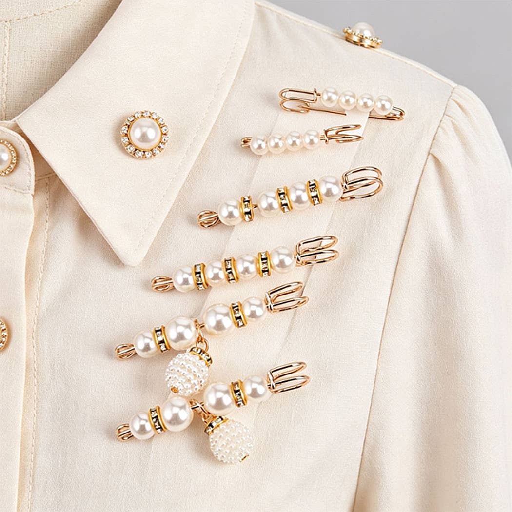 SIX PIECE PEARL BROOCH SAFETY PIN SET
