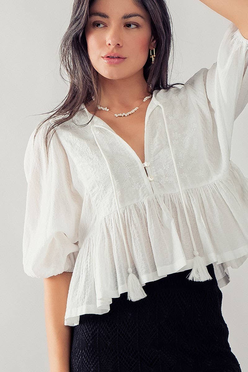 Floral Embroidered Cotton Peasant Blouse with Tassels