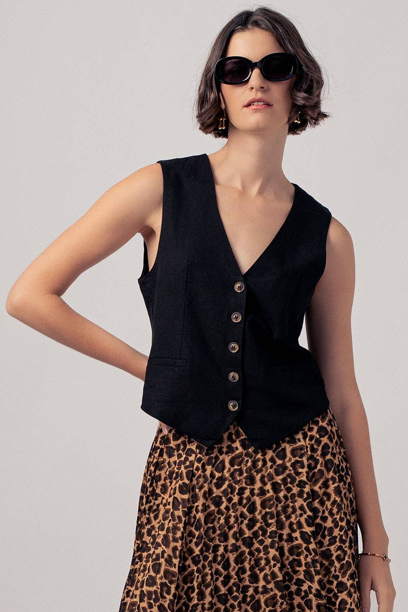 Linen Tailored Button Down Vest