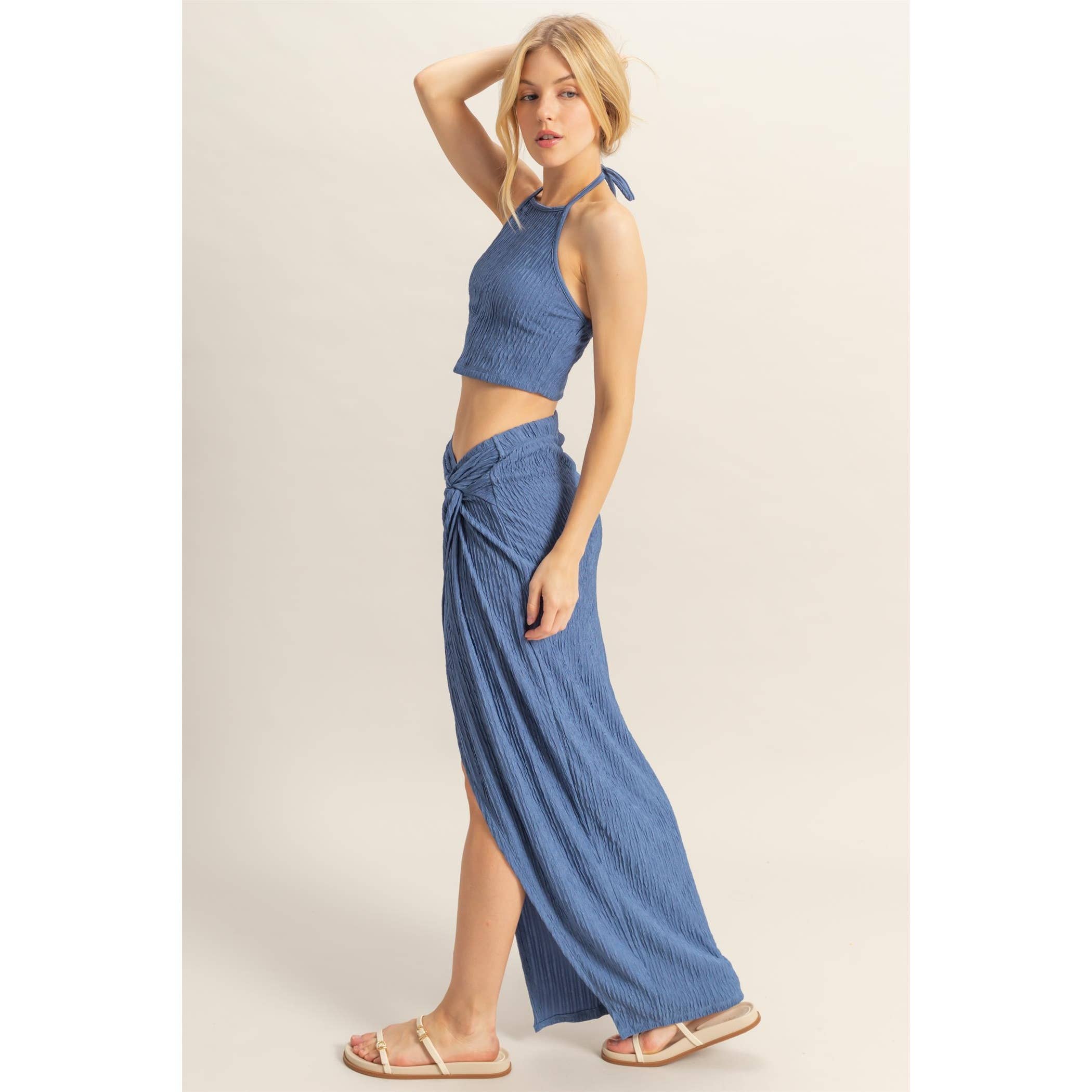 HF25A412-SET-Knit Halter Top And Knotted Skirt Set