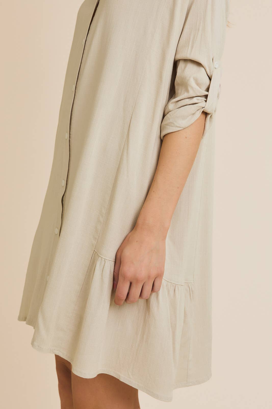 COLLAR BUTTON UP ROLL UP SLEEVE DRESS
