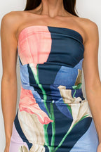 Floral print strapless dress