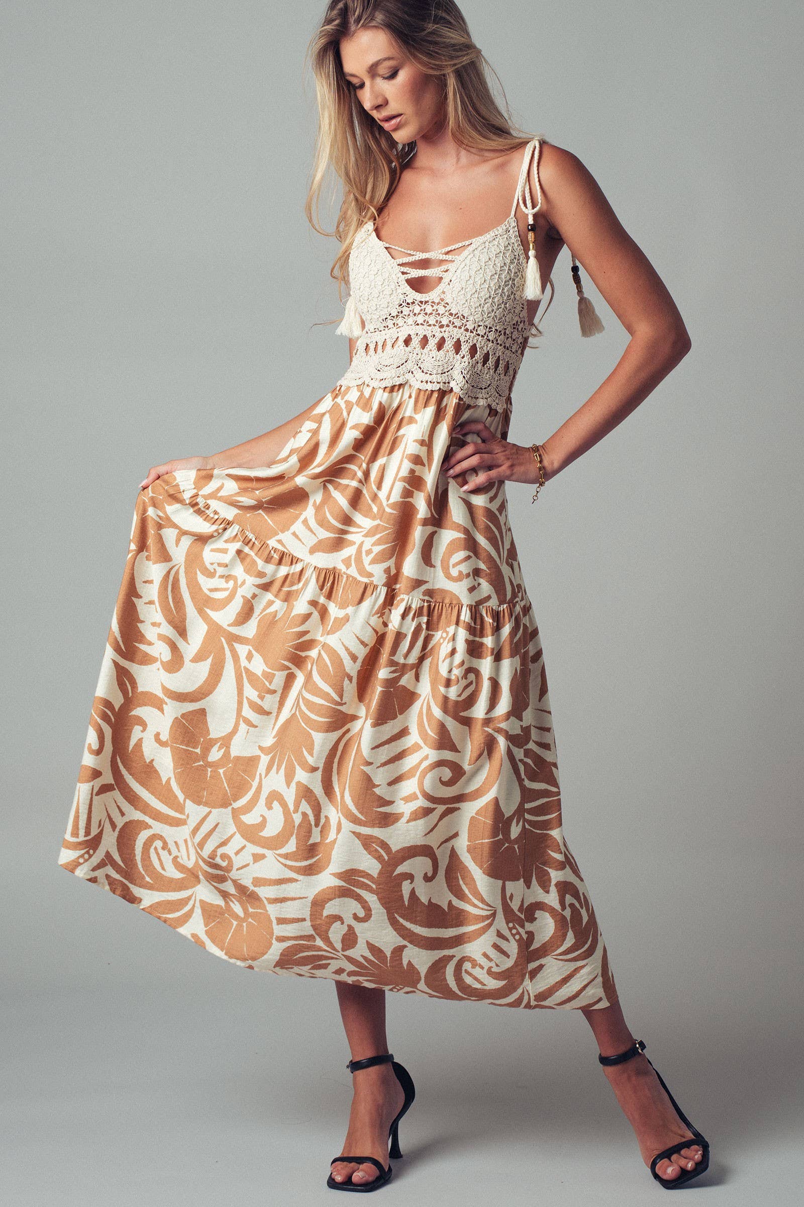 Boho Crochet Top Tropical Maxi Dress