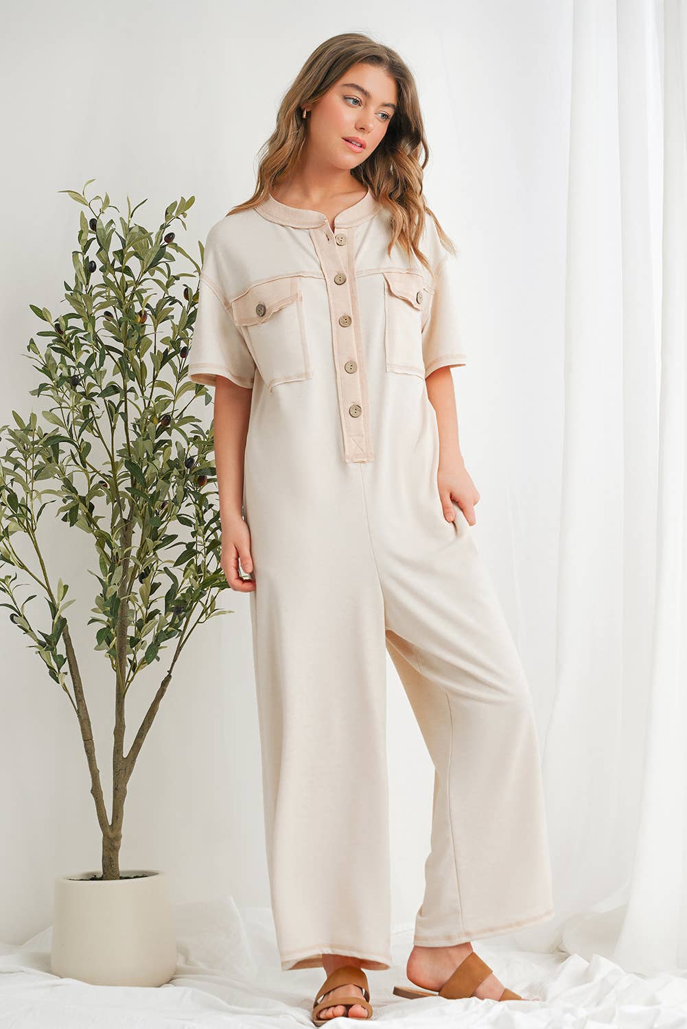 Casual Buttoned Front Pockets Wide Leg Jumpsuit | S-XL