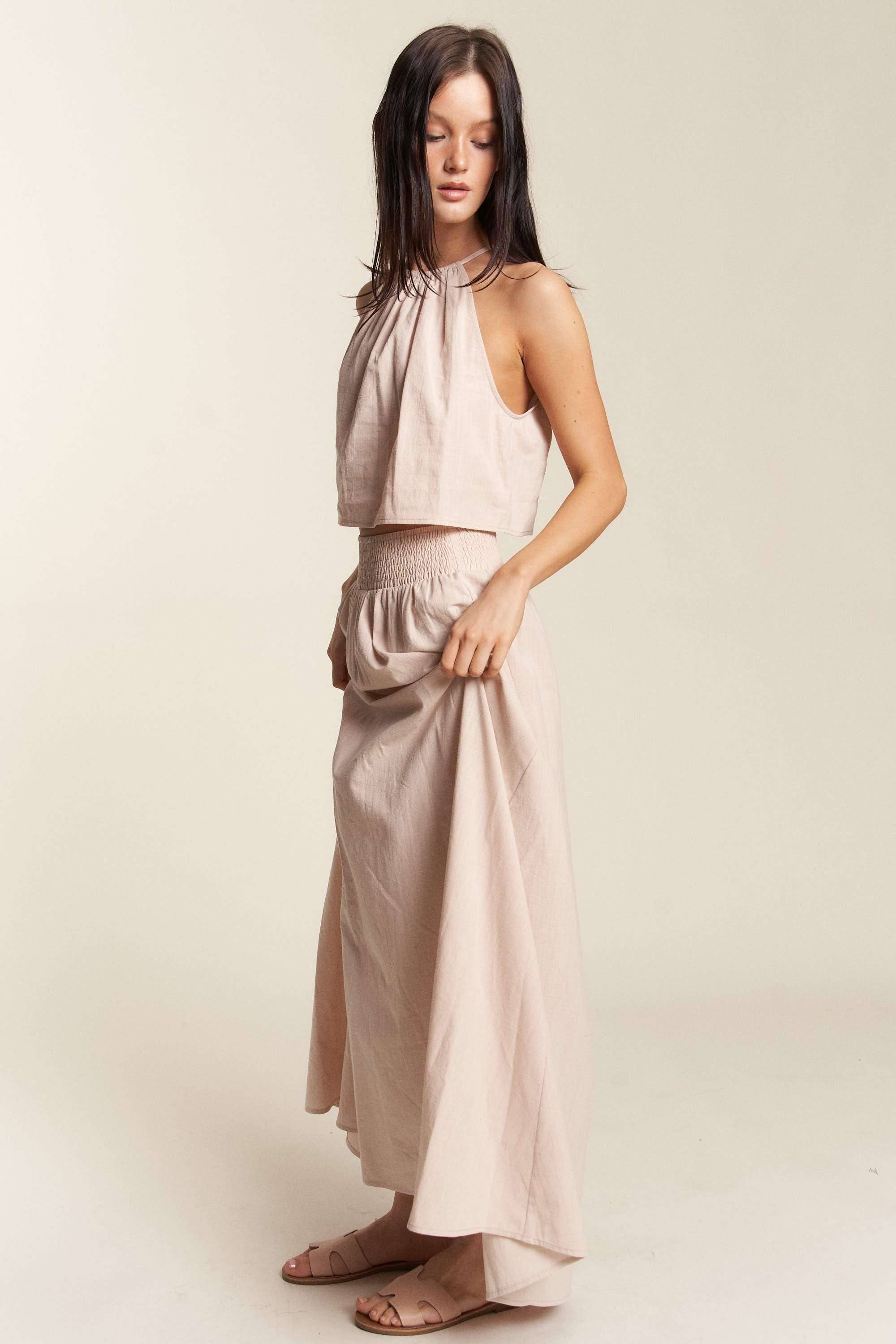 HALTER CROP TOP WITH MATCHING MAXI SKIRT SET