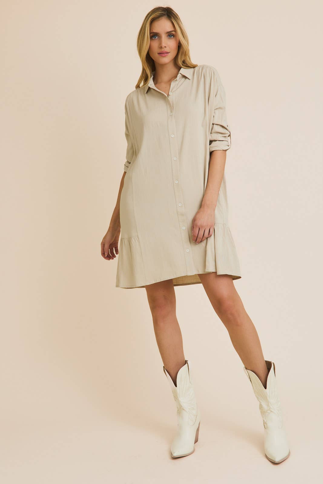 COLLAR BUTTON UP ROLL UP SLEEVE DRESS