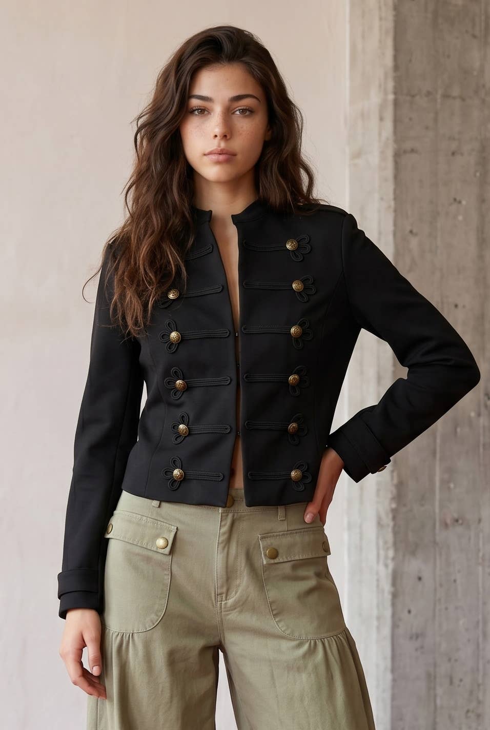 Cropped Military-Style Jacket with Frogging Detail