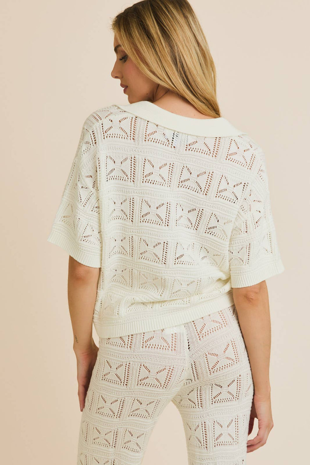 HALF SLEEVE OPEN KNIT COLLARED KNIT TOP