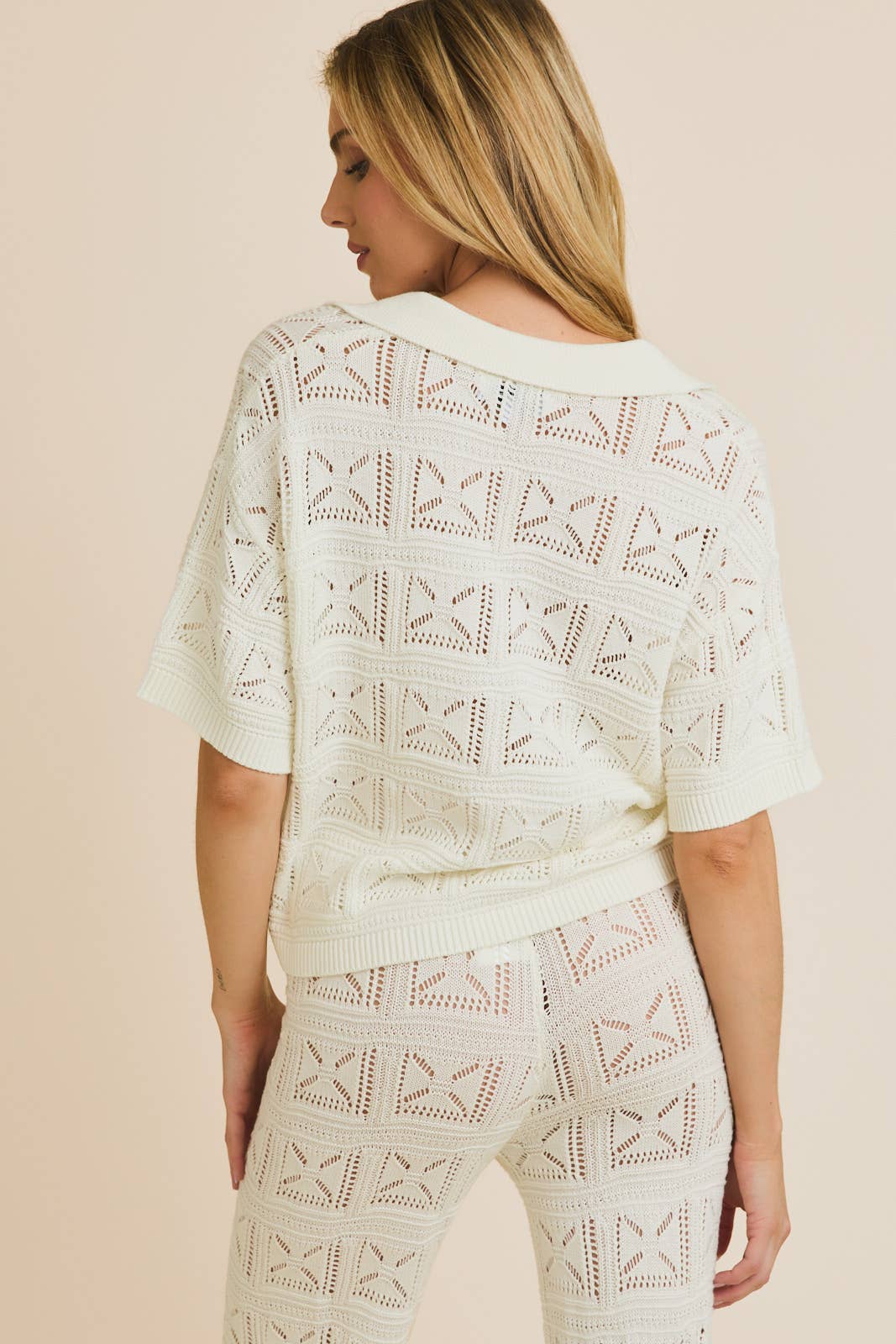 HALF SLEEVE OPEN KNIT COLLARED KNIT TOP