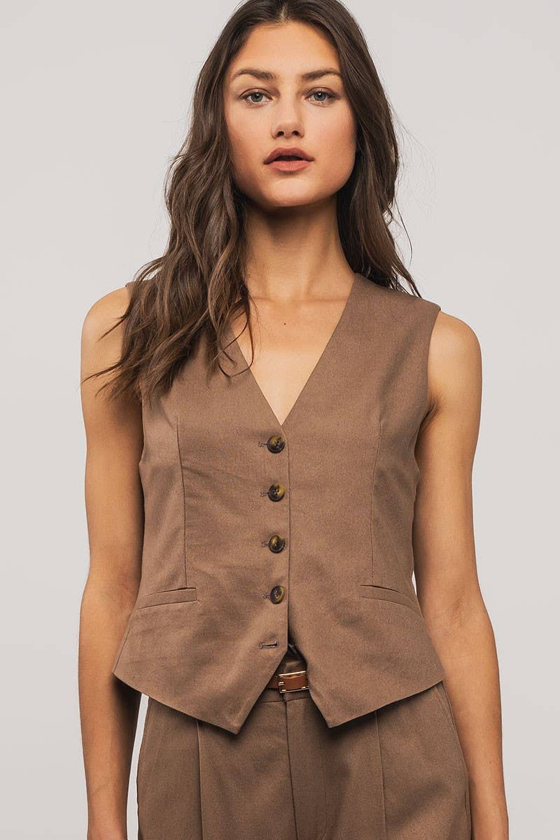 Linen Tailored Button Down Vest