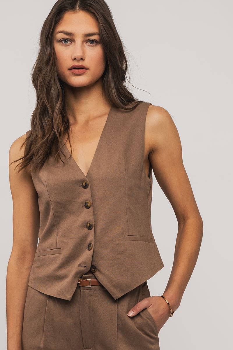 Linen Tailored Button Down Vest