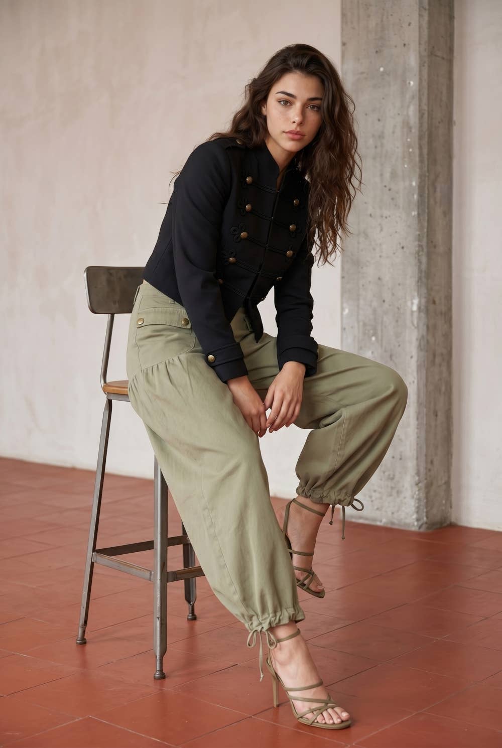 Cropped Military-Style Jacket with Frogging Detail