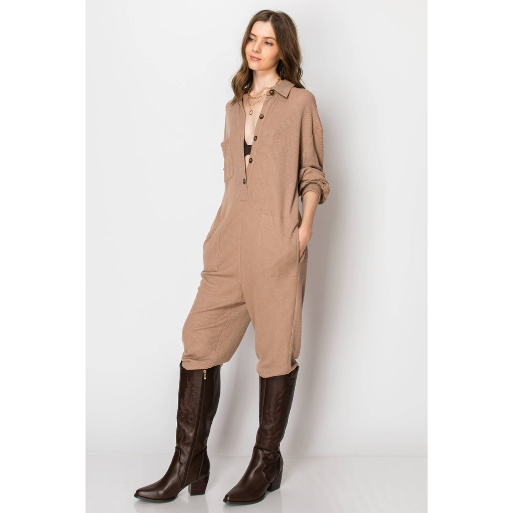 Long Sleeve Waffle Knit Button Down  JUMPSUIT