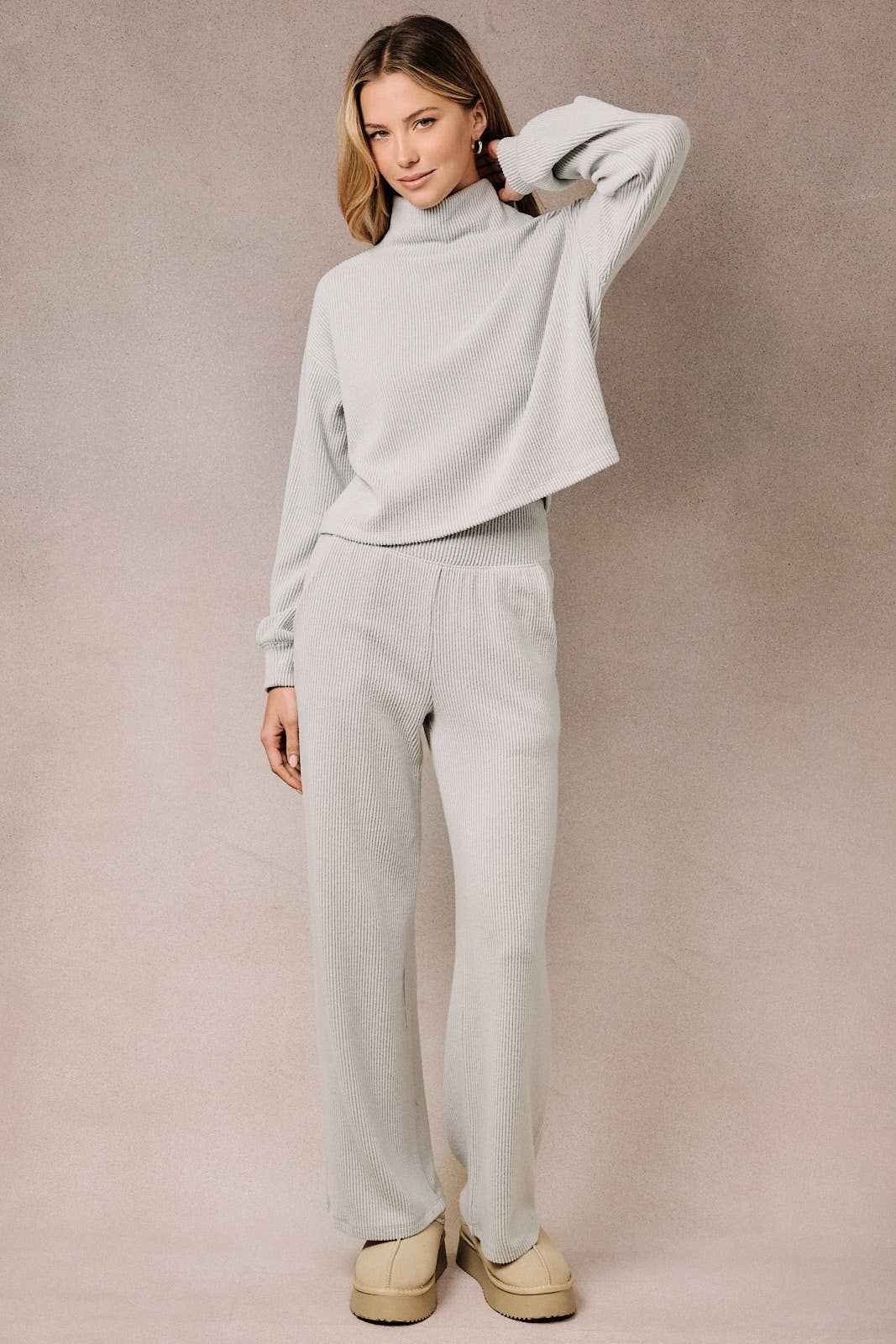 FUNNEL NECK LONG SLEEVE DROP SHOULDER RIB TOP