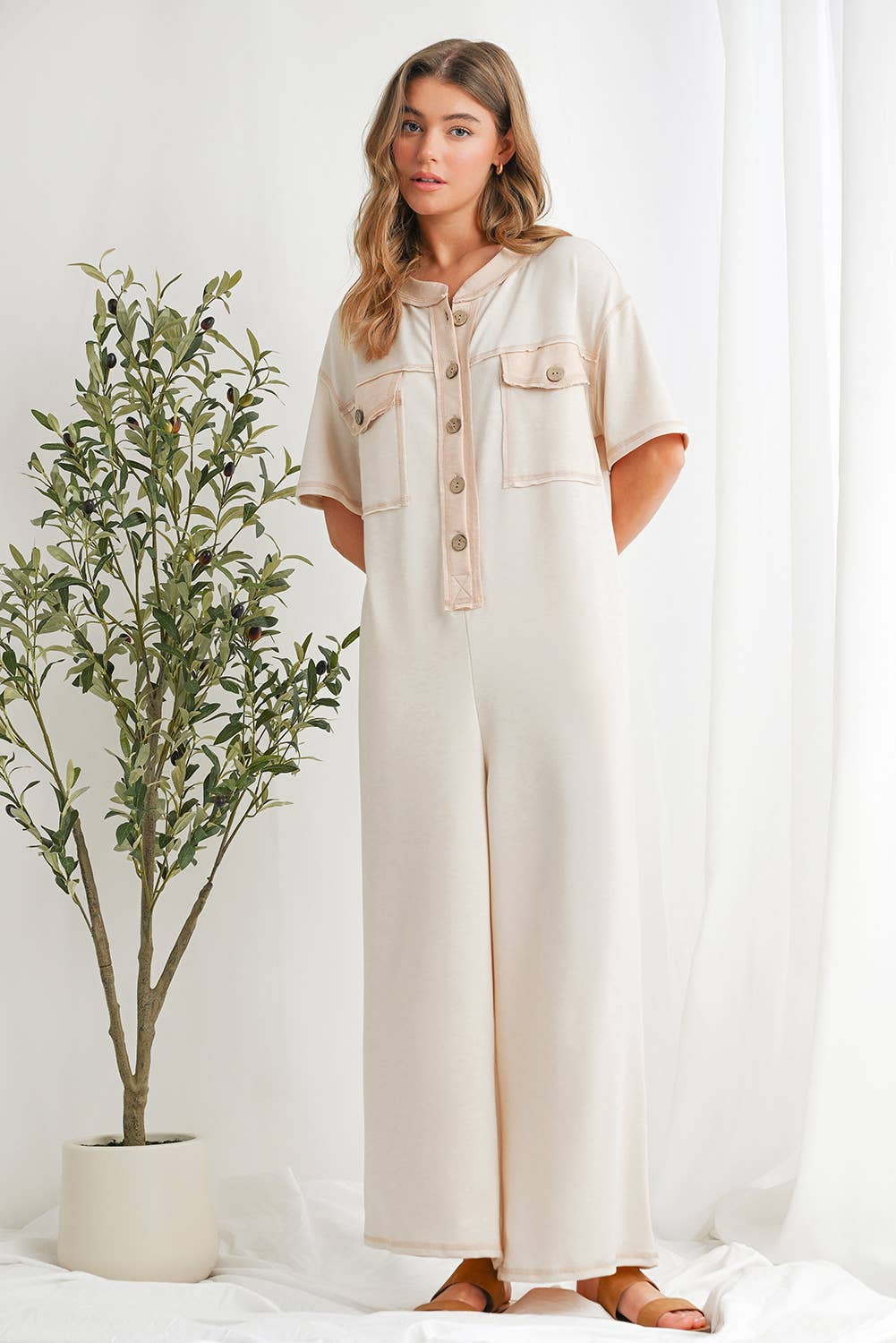Casual Buttoned Front Pockets Wide Leg Jumpsuit | S-XL