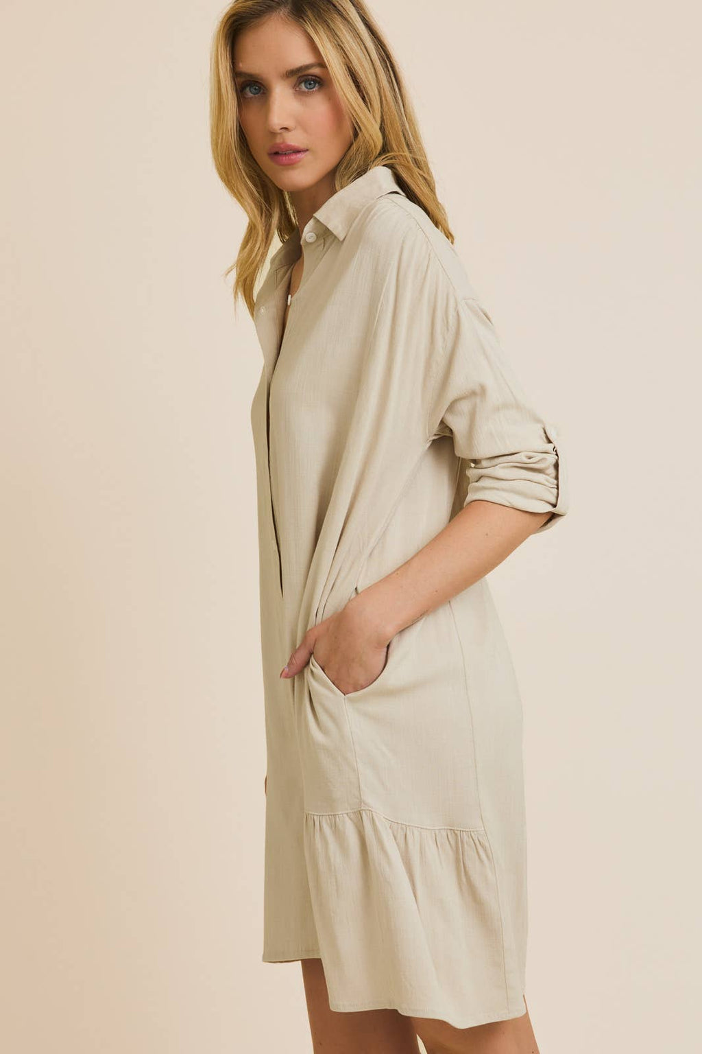 COLLAR BUTTON UP ROLL UP SLEEVE DRESS