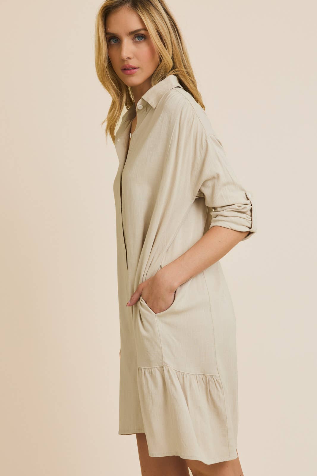 COLLAR BUTTON UP ROLL UP SLEEVE DRESS
