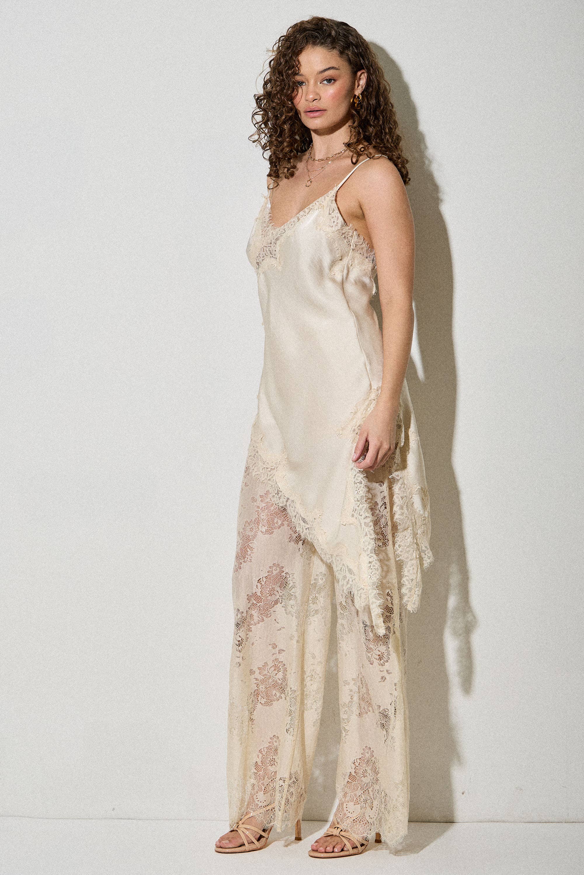 Satin Lace Trim Cami and Pants Set