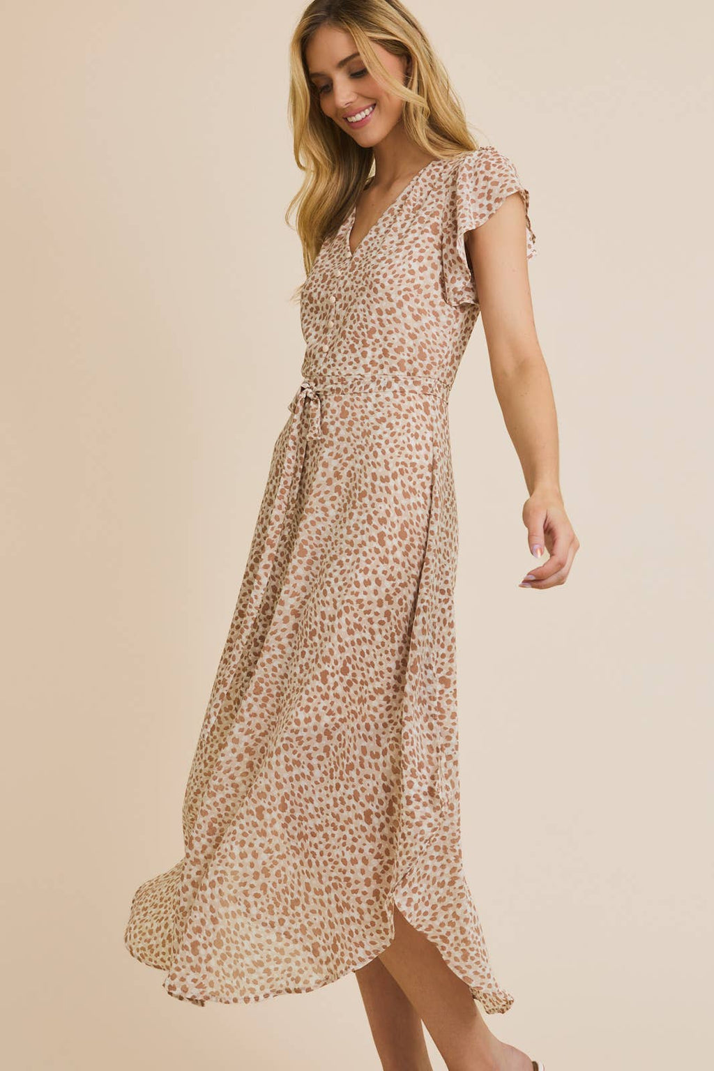 BUTTON UP RUFFLE SHORT SLEEVE WAIST TIE ABSTRACT PRINT DRESS